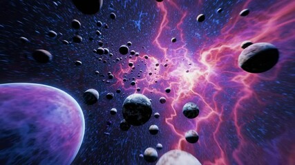 Futuristic deep space scene with glowing purple lightning and multiple asteroids and planets, sci-fi cosmic background for fantasy, gaming, or space concept use