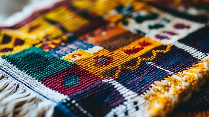 Close-up view of vibrant, multicolored woven fabric.