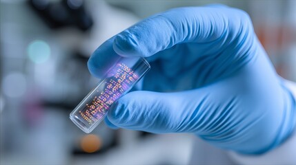 Gloved Hand Holding Test Tube with Colorful DNA Genetic Code Abstract Science Research Medical Biotechnology Laboratory Experiment Technology Innovation Healthcare Digital Data    
