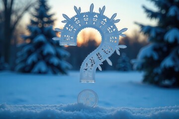 Intricate frost pattern forms a question mark on icy windowpane , query, cold, glass