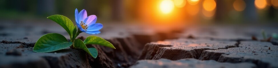 Lonely blue blossom pushing through cracked earth, sunset glow, desert, plant life
