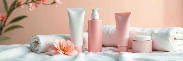 Luxurious beauty products displayed on pure white linens , product, care