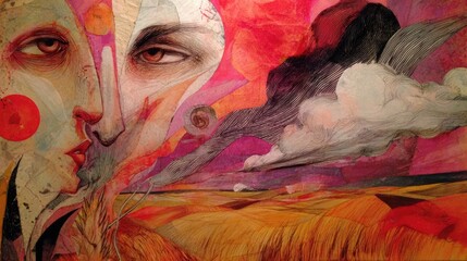 Colorful surreal artwork depicting two faces merging with vibrant landscapes and abstract elements in a dreamlike setting