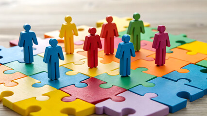 Colorful wooden figures represent diverse people connecting on jigsaw pieces. Teamwork, diversity concept visualizes HR strategies for inclusive workplace cultures. Different colored figures connect