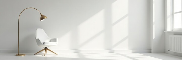 Modern white chair and arched floor lamp in sunlit white room , contemporary, minimalist, home decor