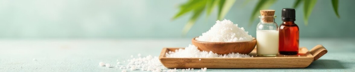 Natural bath products, sea salt, essential oils, wooden tray, light background, beauty, relax, body