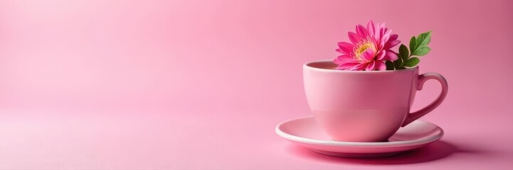 Pink beverage, chrysanthemum & leaf garnish in coffee cup, pink backdrop , pink, top view, photography