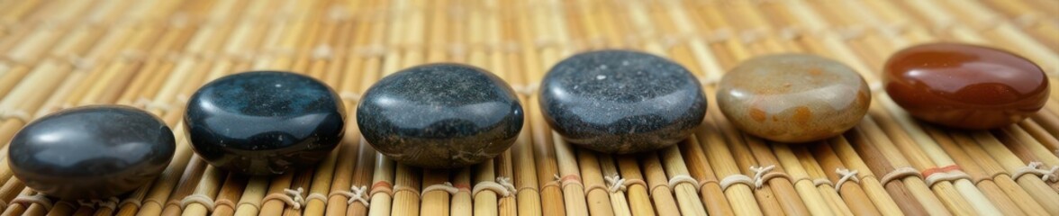 Polished stones arranged on a woven bamboo mat, ready for spa use , natural, beauty, calm