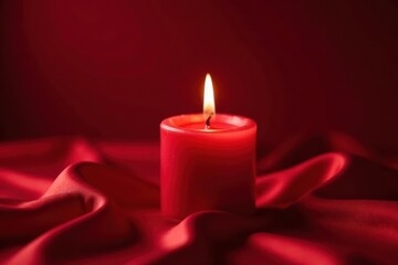 Red candle, flickering flame, atop rich red silk fabric , candlelight, texture, red