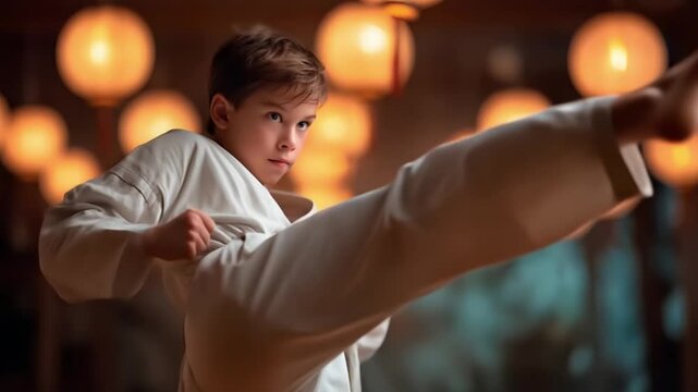Young boy performs front kick in martial arts dojo. Camera stays still. 4K.
