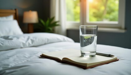 Simple bedroom scene, glass water, notepad, pen, notepad, writing, objects photography