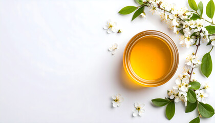 Overhead Shot of Honey Jar with White Cherry Blossoms on White Background