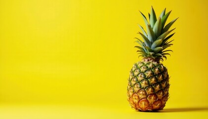 Single ripe pineapple, bright yellow background, ample copy space , fresh, smoothie