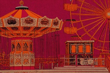 Vibrant amusement rides fill the fairground as twilight approaches, showcasing a carousel and a ferris wheel adorned with colorful lights, creating a magical evening ambiance.