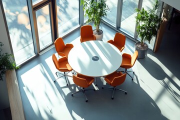 Empty modern office with circular team meeting setup, highlighting collaborative architecture and professional layout, symbolizing innovation, leadership development, and strategic business planning.