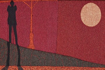 A person stands in the foreground against a vibrant sunset, with a full moon shining brightly. A lone tree adds depth to the serene landscape.