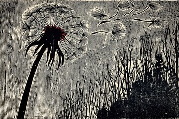 Dandelion silhouette against textured background creates a striking visual of nature's resilience and beauty at sunset
