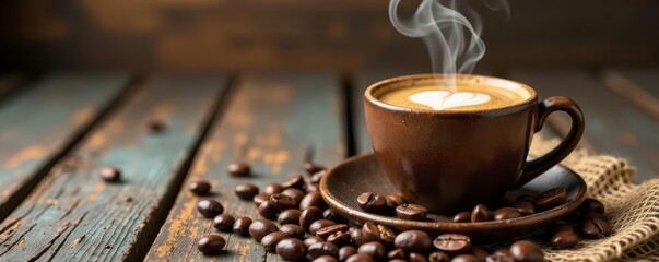 Steaming coffee heart, weathered wood, burlap, beans, wood, drink, old