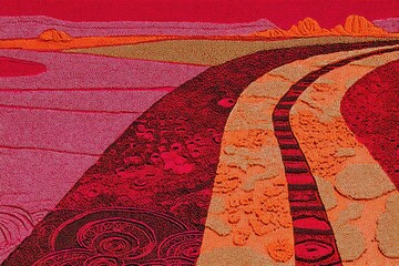 A winding road stretches through a vibrant landscape featuring colorful hills, set against a stunning sunset sky. The mixture of hues adds a dreamlike quality to the scene.