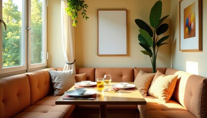 Sunny dining nook, table setting, window seat, poster placeholder, room, decor, mockup