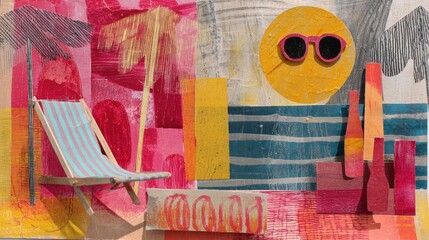 Bright colors depict a beach scene featuring a lounge chair, palm trees, and a large sun wearing sunglasses. The artwork captures a cheerful summer vibe and invites relaxation.