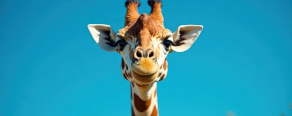 Surprised giraffe head shot, curious expression, vibrant blue, nature, ai
