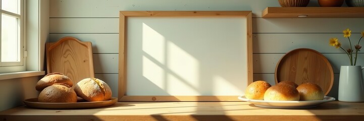 Sunny vintage kitchen, fresh bread, wooden details, photo frame mockup, frame, design, cozy