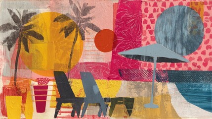 A vibrant tropical artwork captures a beach setting with stylized palm trees, lounge chairs, bright sun, and an umbrella. Bold colors and patterns create a lively atmosphere of relaxation.