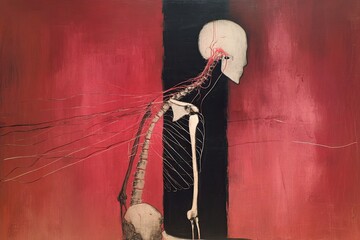 A detailed depiction of the human skeletal system highlights the spine and skull, set against a striking red background, showcasing anatomical features and alignment.