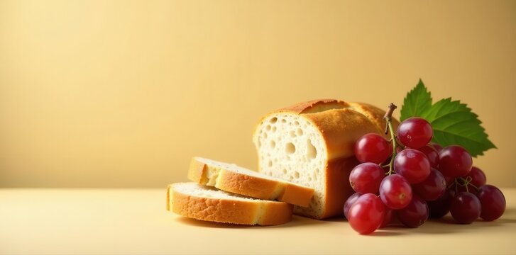 Simple bread & grapes still life Soft light, beige backdrop , faith, composition, background - Powered by Adobe