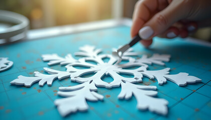Fototapeta premium Crafting White Paper Snowflake with Cutting Tool on Blue Mat