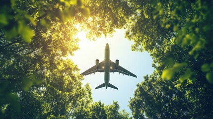 Airplane soaring through crystal-clear skies, powered by sustainable aviation fuel and advanced green technology, symbolizing the future of eco-friendly transportation and carbon reduction.