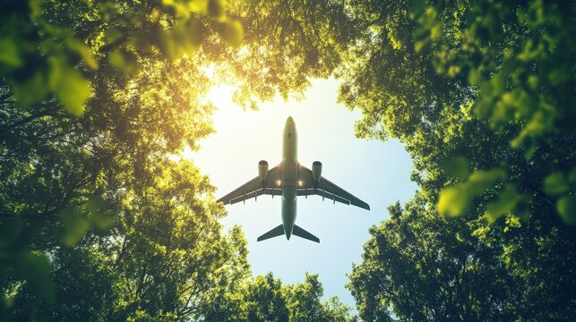 Fototapeta Airplane soaring through crystal-clear skies, powered by sustainable aviation fuel and advanced green technology, symbolizing the future of eco-friendly transportation and carbon reduction.