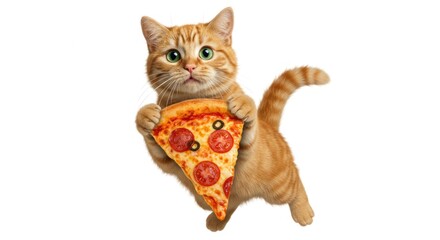 Adorable ginger tabby kitten playfully holding a delicious slice of pepperoni pizza