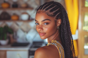Black woman with protective hairstyle applying edge control in natural light at modern apartment perfect for cultural hair care routine and beauty styling concept. Authentic beauty routine and styling
