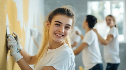 Diverse group of enthusiastic teenagers volunteering together painting colorful community walls during weekend service initiative showing youth empowerment and social responsibility cooperation