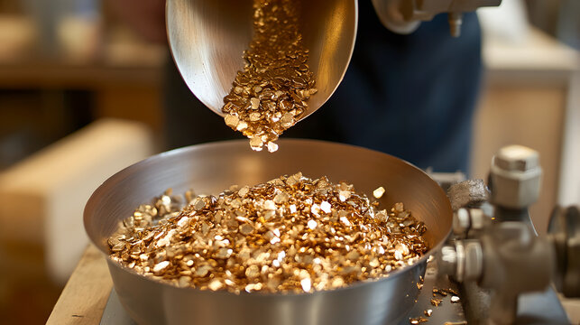 Gold flakes being poured emphasizing the accumulation of precious metal during a refining process.
