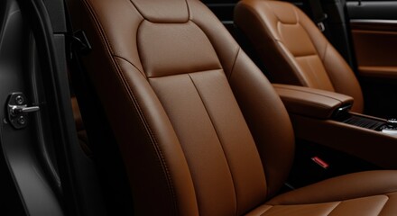 Close-up of luxurious brown leather car seats showcasing comfort and elegance