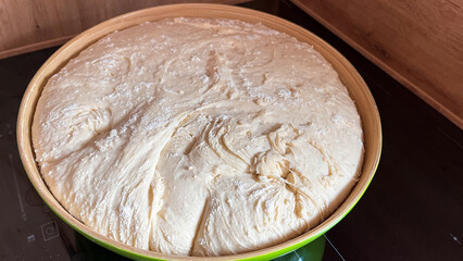 Perfectly done fresh yeast dough in bowl made for bread, cake or pastry. Raw yeast dough resting and rising for baking. Home made process step by step