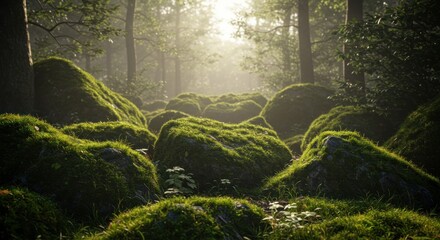Enchanting mossy rocks in a sun-drenched forest scenery creating a serene atmosphere