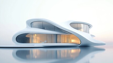 Obraz premium Futuristic Architectural Marvel: A Modern White Villa Reflected in Tranquil Waterscape