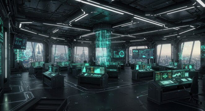 Futuristic control room interior with advanced technology and city skyline view