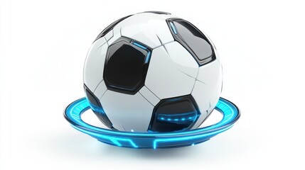 Futuristic soccer ball with glowing blue base against a clean white backdrop