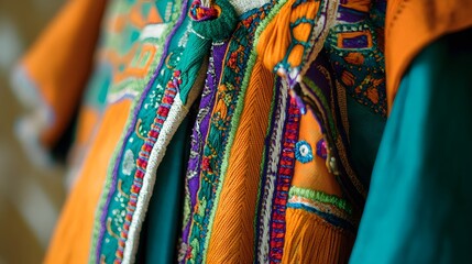 Close-up view of vibrant, embroidered garment details.