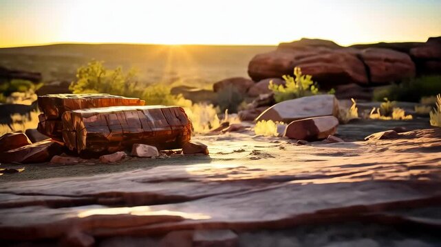 Desert scene with rocks and petrified wood logs under a warm sunset. Light shining across the landscape with arid plants.