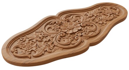 Intricate floral wood carving featuring swirling patterns and natural wood grain