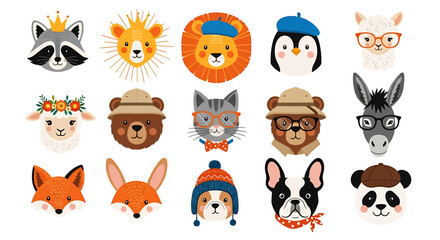 Cartoon Animal Faces: Raccoon, Lion, Penguin, Sheep, Bear, Cat, Fox, Dog, Panda © Pemburu