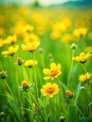 Fototapeta premium Softly blooming yellow wildflowers sway gently in the breeze amidst lush green grass