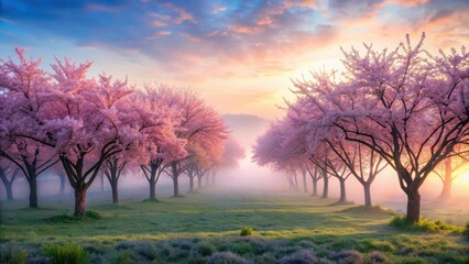 Fototapeta premium Misty dawn over blooming cherry blossom trees