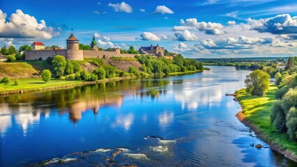 Fototapeta premium View from Narva in Estonia over the border river Narva and the Russian border to Ivangorod Russia in summer under a blue sky